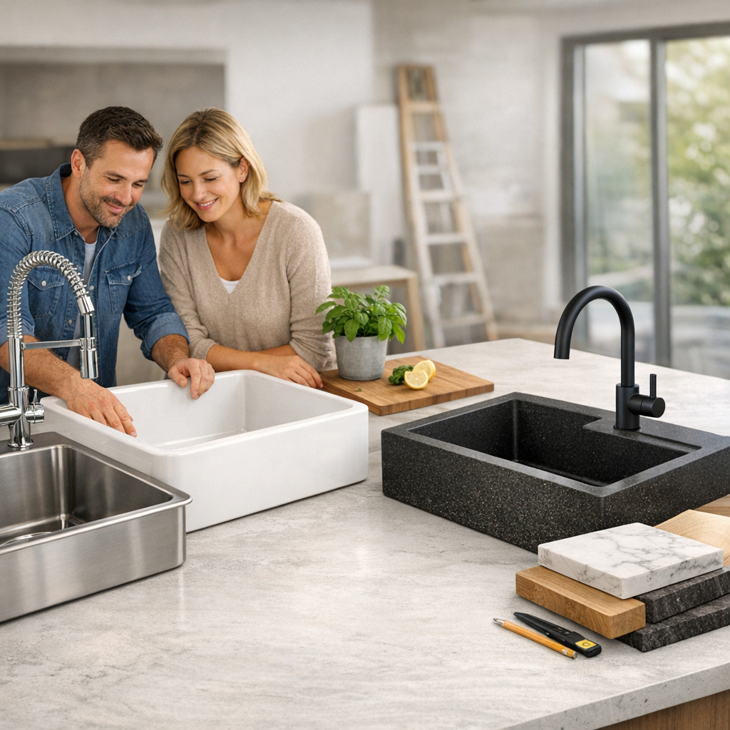 A man and woman are interacting at a kitchen countertop with a white sink and a black sink, surrounded by kitchen items like a potted plant and cutting board with lemon.