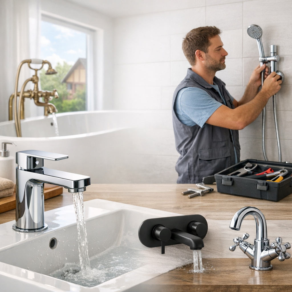 A man installs a shower fixture in a modern bathroom while water flows from a sleek chrome faucet into a white sink.