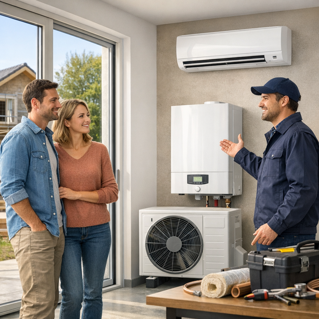 A technician explains a heating system to a couple in a modern room with an indoor and outdoor unit visible.