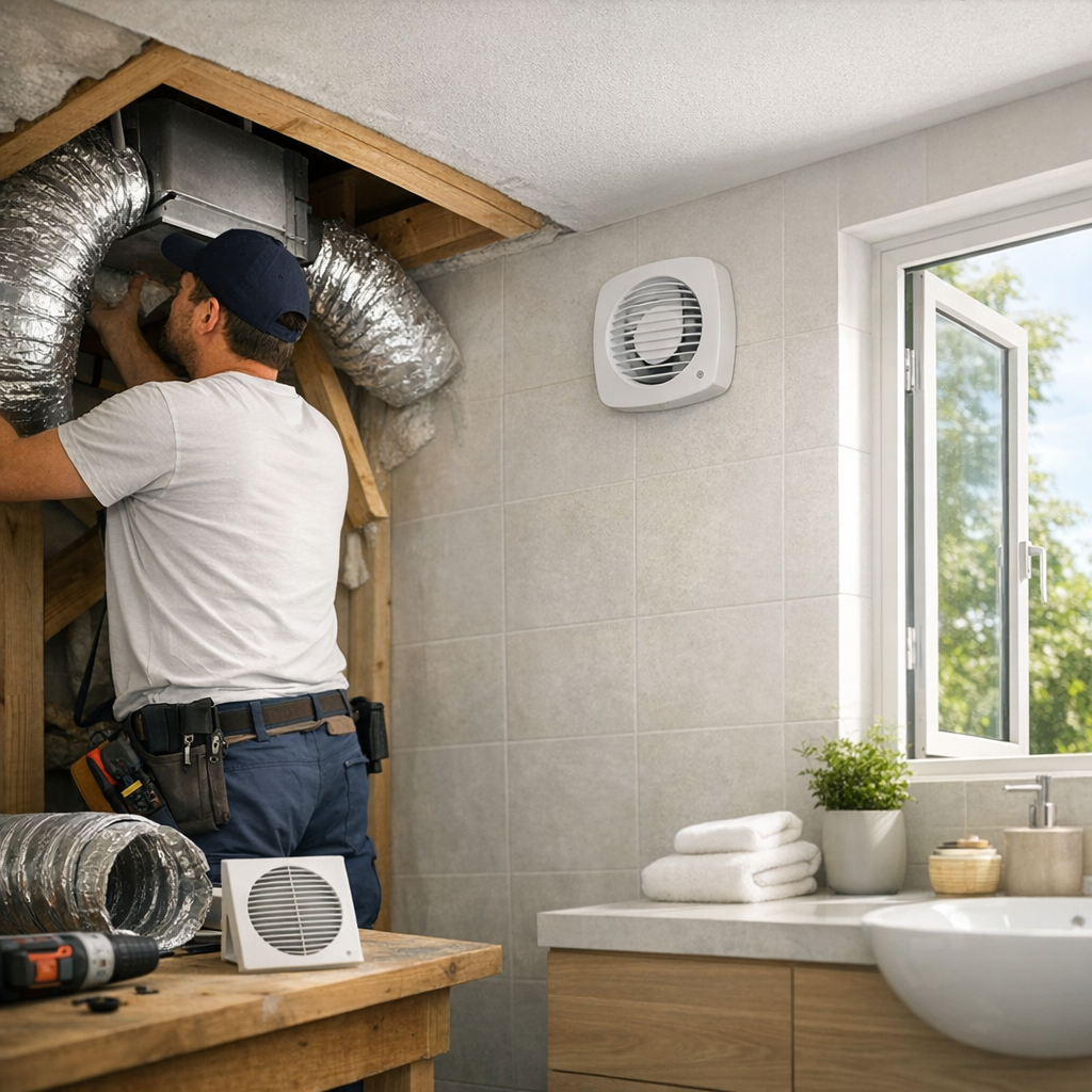 A worker installs ventilation ducts in a bathroom, with a bathroom fan mounted on the wall and a window open to the outdoors.