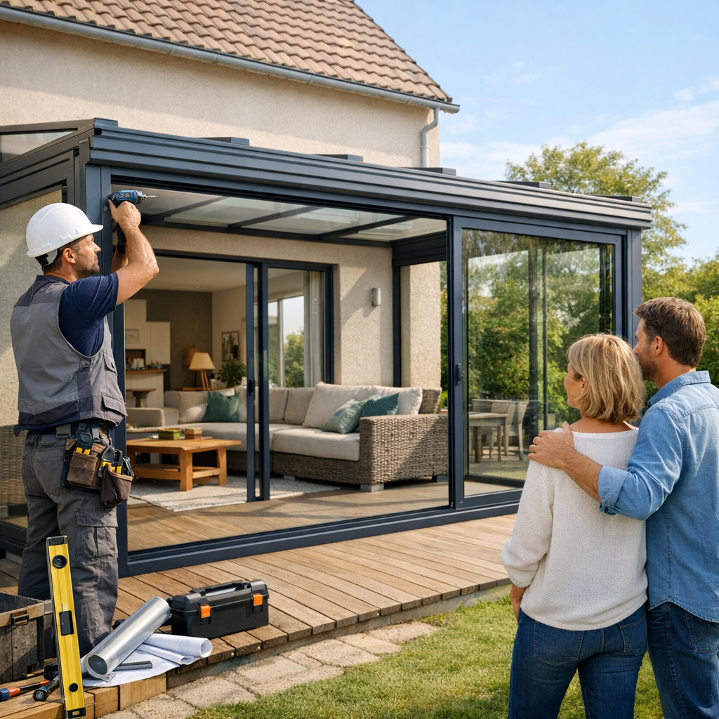 A worker installs a glass structure on a house while a couple observes from the backyard.