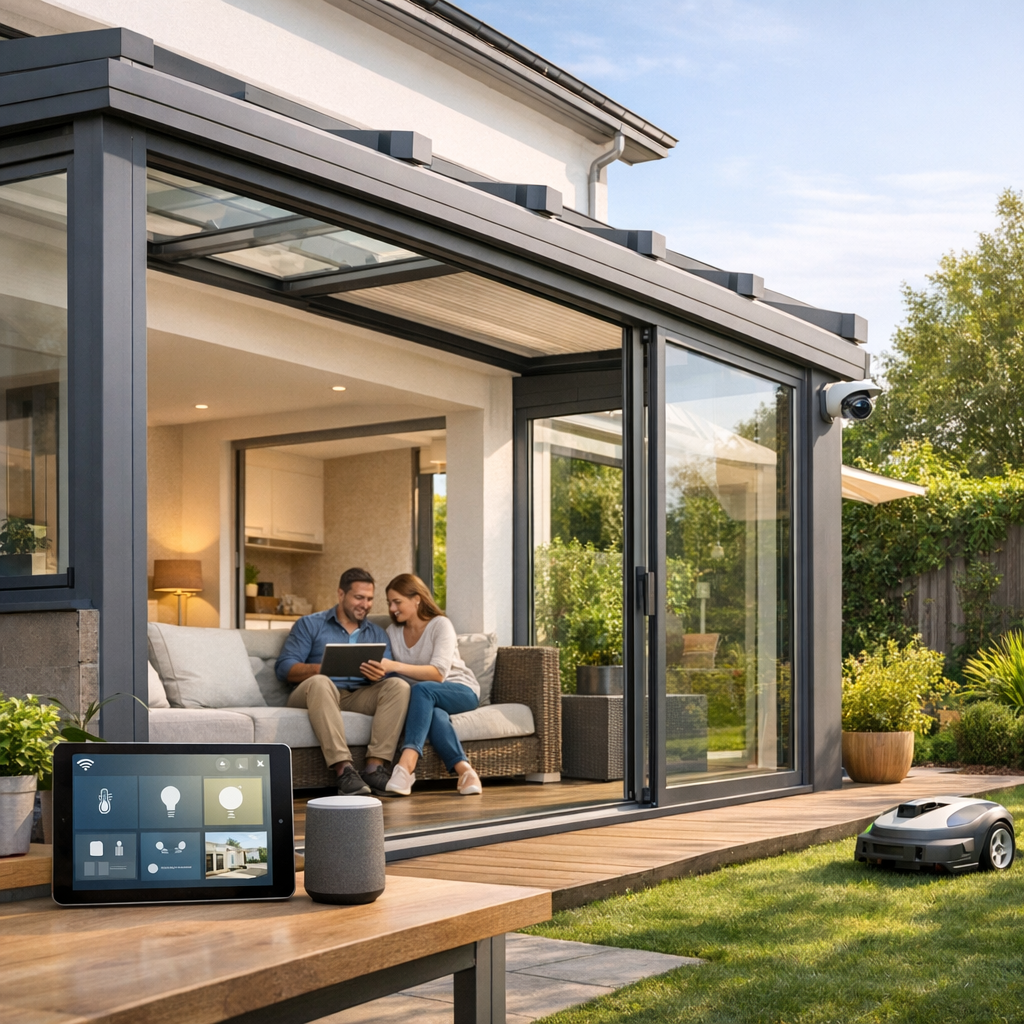 A couple sits on a modern sofa in a glass-enclosed patio, using a tablet, with a smart speaker and a robotic lawn mower visible nearby.