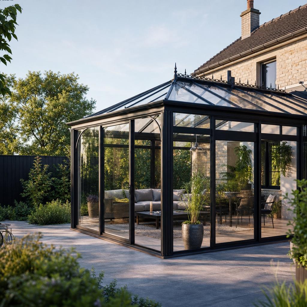 A modern glass conservatory with a black frame features comfortable seating and plants, surrounded by lush greenery and paved patio.
