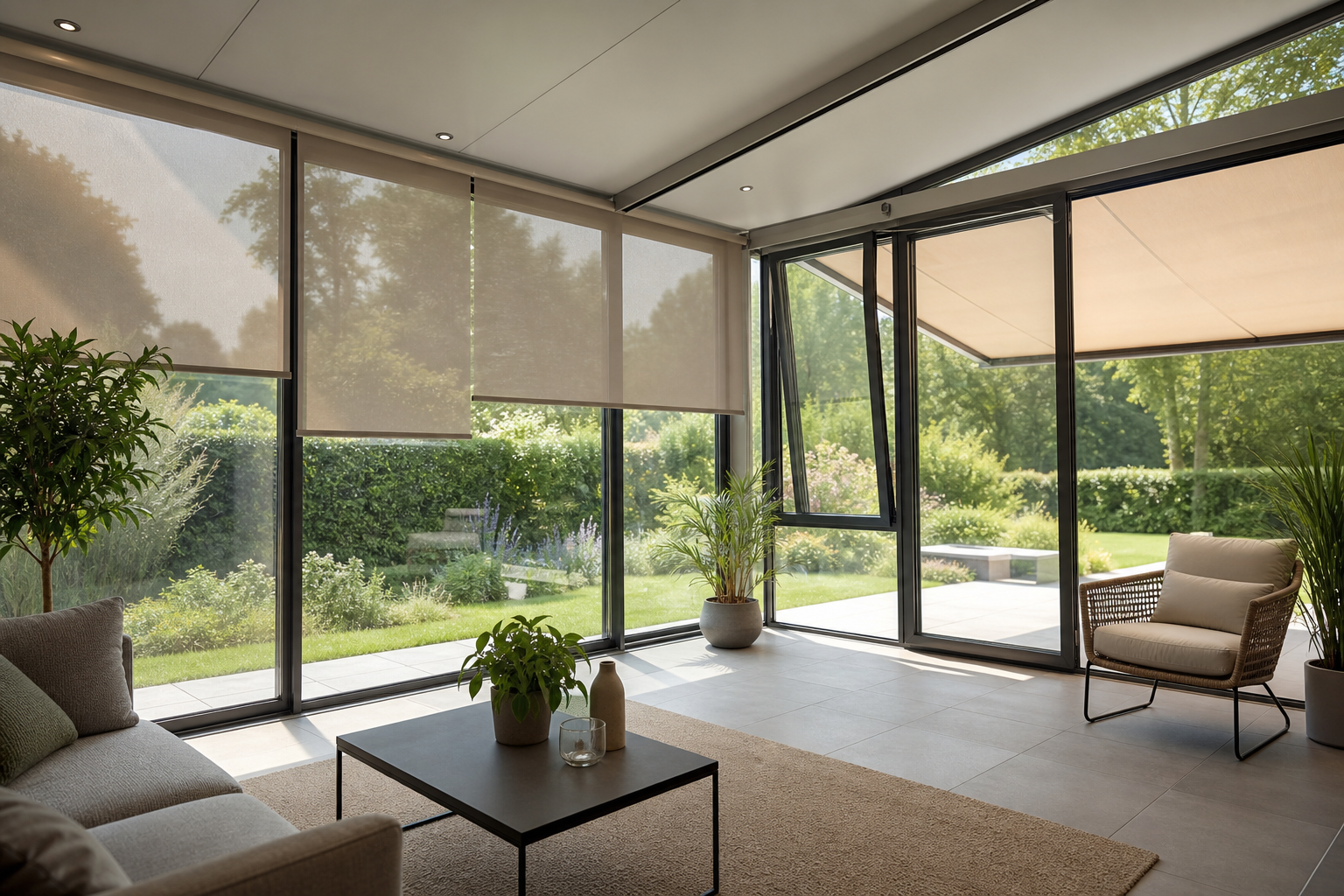 Véranda lumineuse aménagée avec couleur froide ou chaude et protections solaires
