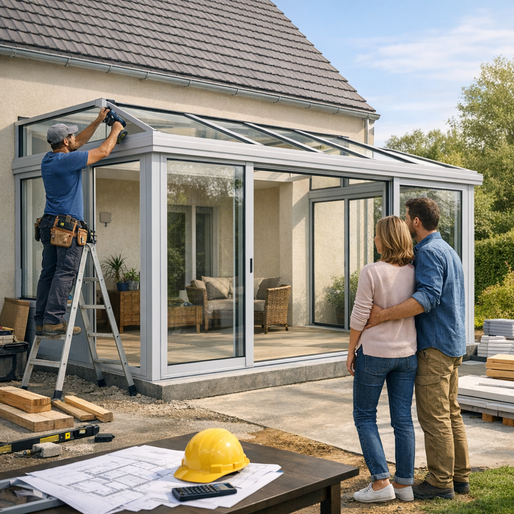 A construction worker on a ladder installs a roof on a glass conservatory while a couple watches from nearby.