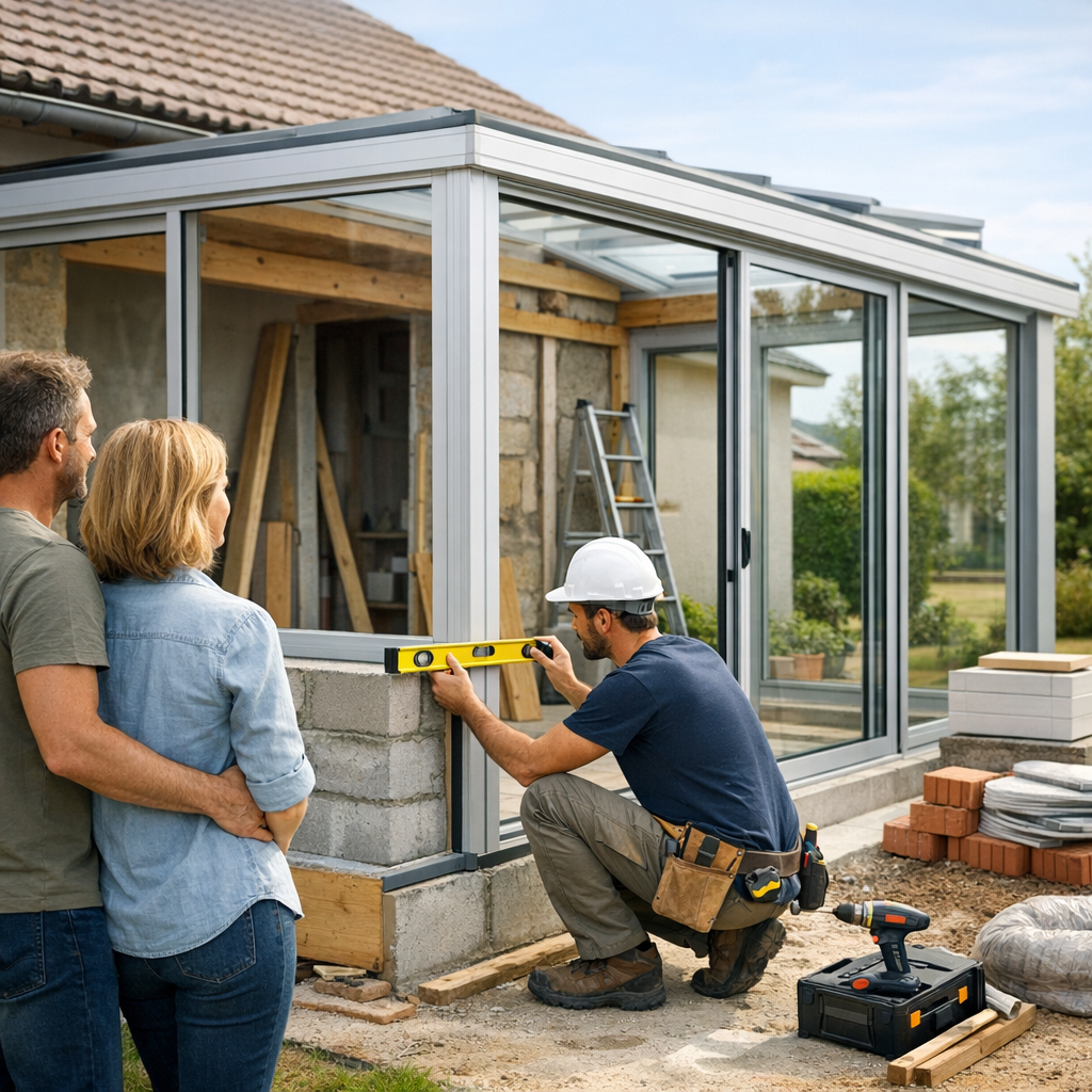 A contractor in a hard hat uses a level on a cinder block while a couple observes from behind in front of a partially constructed glass enclosure.