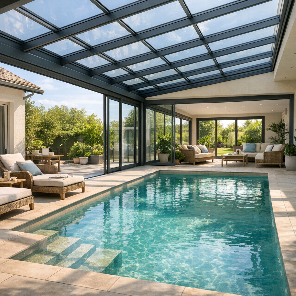 A modern indoor pool area featuring large glass doors, comfortable seating, and potted plants, with natural light streaming in.