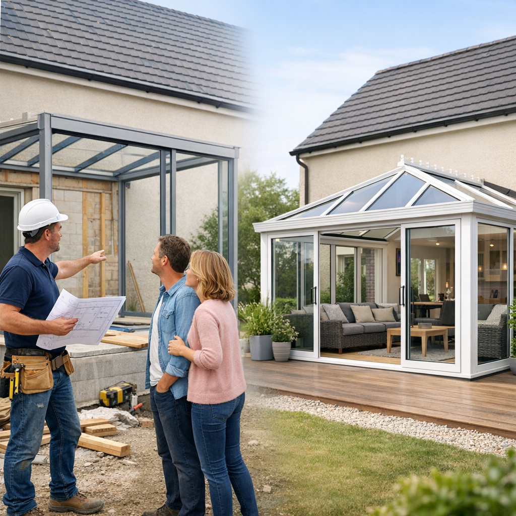 A construction worker discusses plans with a couple in front of a building site on the left and a completed glass conservatory on the right.
