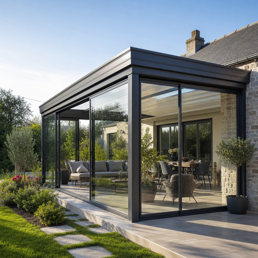 A modern glass house extension with a patio area, surrounded by greenery and stone pathways.