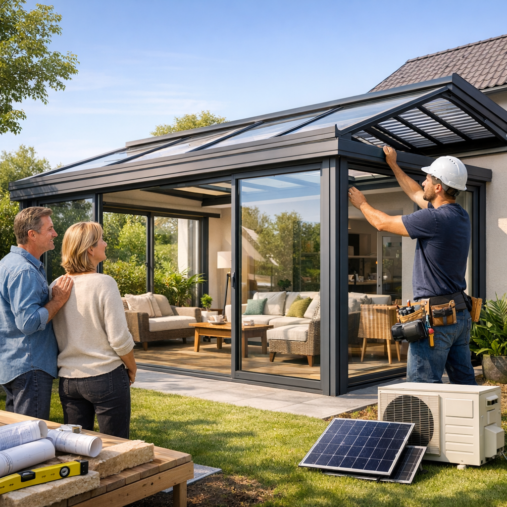 A contractor installs a roof on a glass-enclosed patio while a couple observes from nearby.