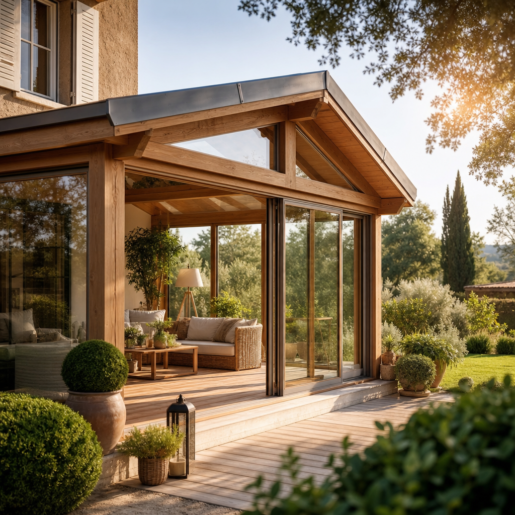 A wooden sunroom features large glass sliding doors, comfortable seating, and potted plants, surrounded by a landscaped garden.