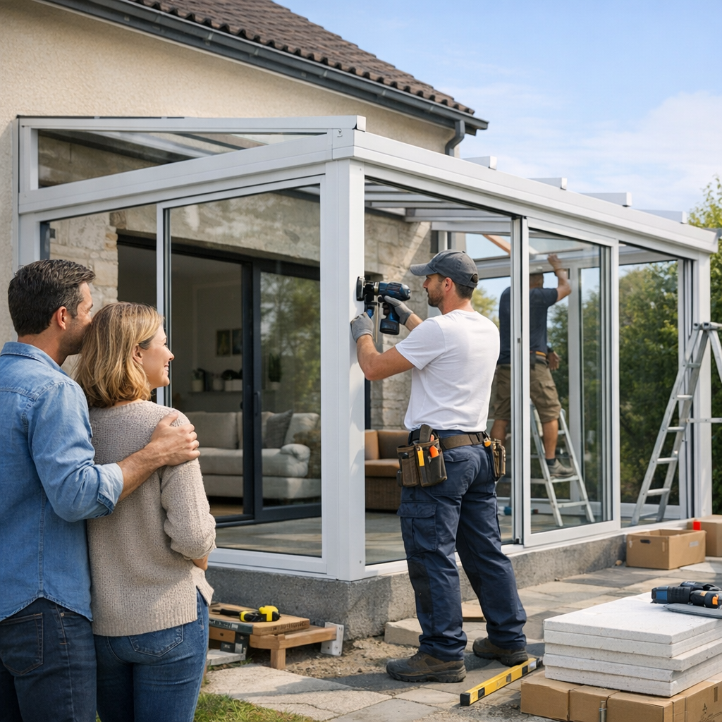 A couple watches a contractor install a glass structure outside their home.