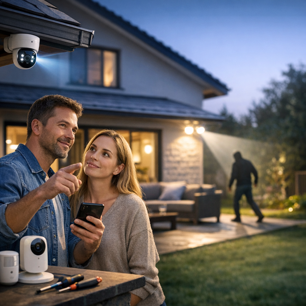A man and a woman are outside at dusk, looking at a smartphone while a dark figure walks in the background near their home, which has security cameras visible.